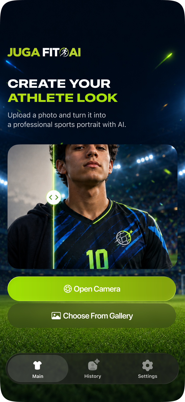 Juga Fit AI app screen — athlete transformation