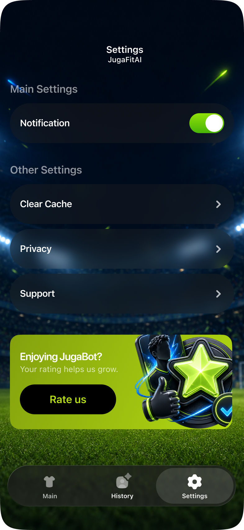 Juga Fit AI app screen — club-inspired look